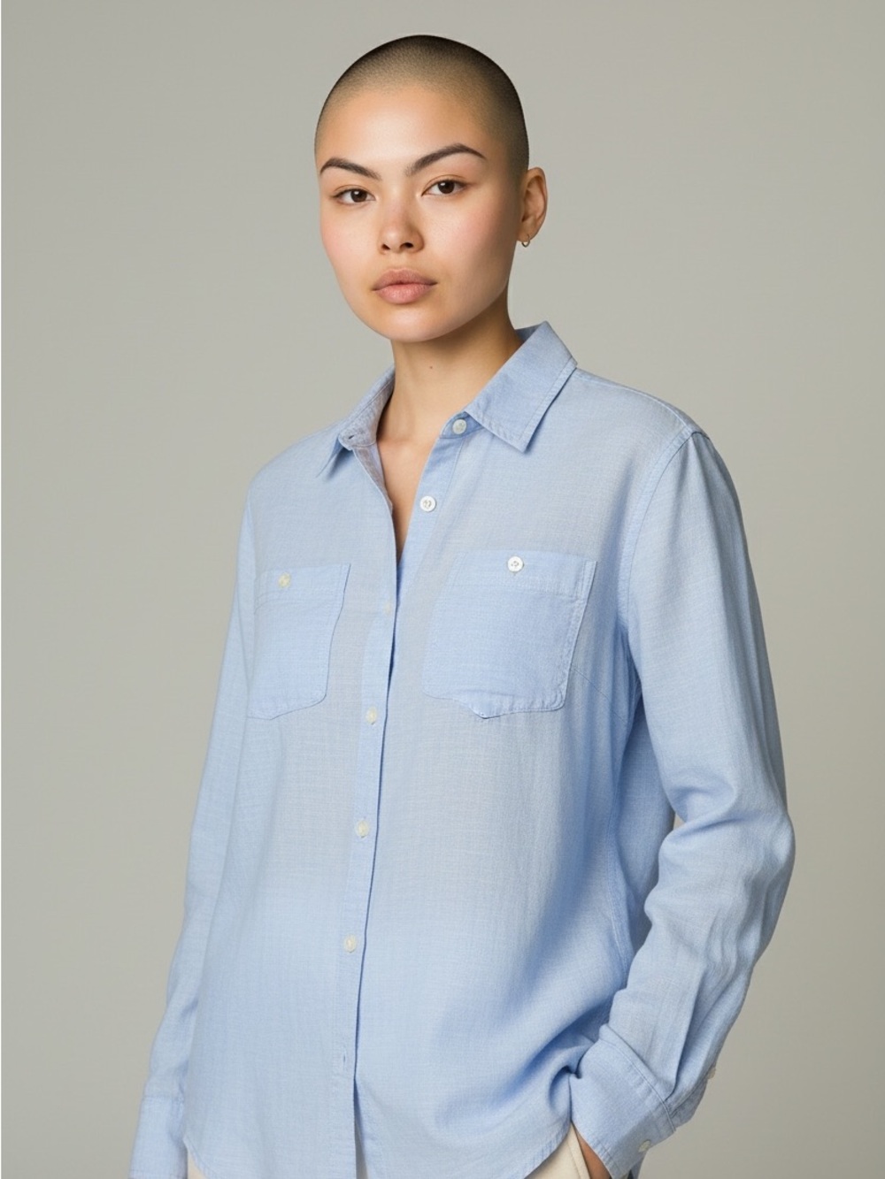 Chaps Light Blue Button-Down Casual Shirt Cotton Linen Blend Petite L
